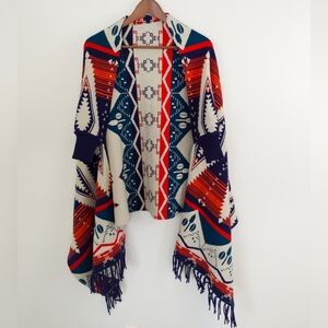 Aztec Print Open Front Shawl Cape Poncho